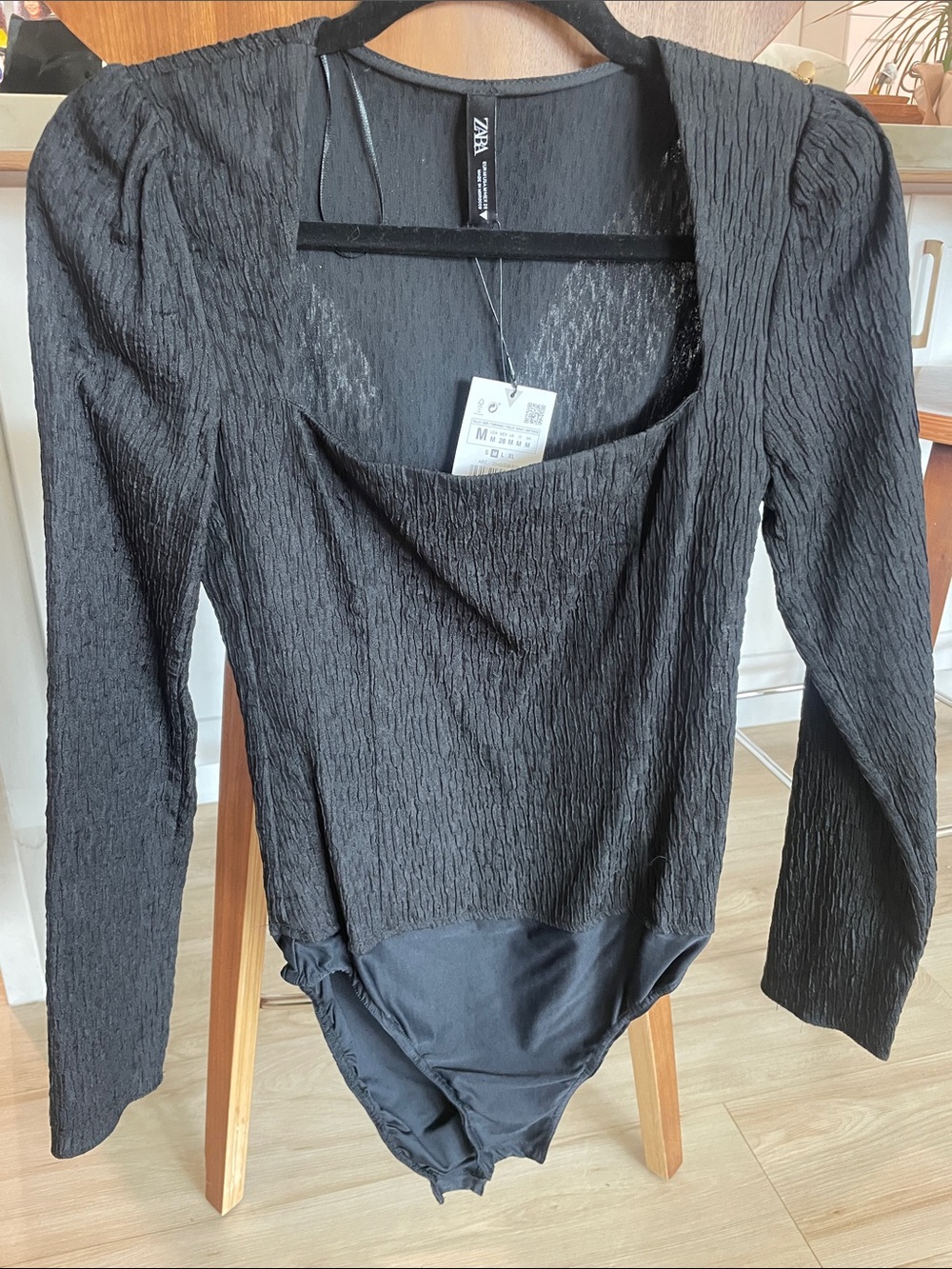 ZARA Black Textured Long-Sleeve Square Neck Bodysuit